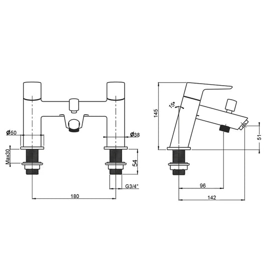 Vitra Solid S Bath Shower Mixer Tap with Handset Kit - Double Handle - Chrome - Envy Bathrooms Ltd