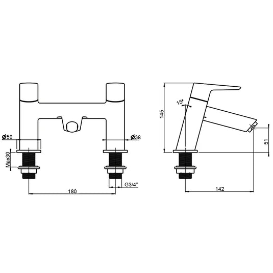 Vitra Solid S Deck Mounted Bath Filler Tap - Double Handle - Chrome - Envy Bathrooms Ltd