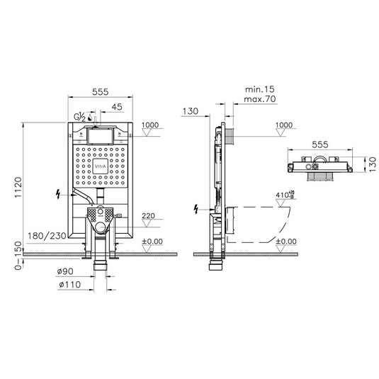 VitrA V-Fix Prime WH WC Frame & 8cm 2.5/4L Cistern (Floor Fix & Electric Connection) - 768-4800-02 - Envy Bathrooms Ltd