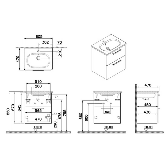 VitrA Zentrum 60cm 2 Drawer W/H Washbasin Unit | Matt Storm Grey | 68272 - Envy Bathrooms Ltd