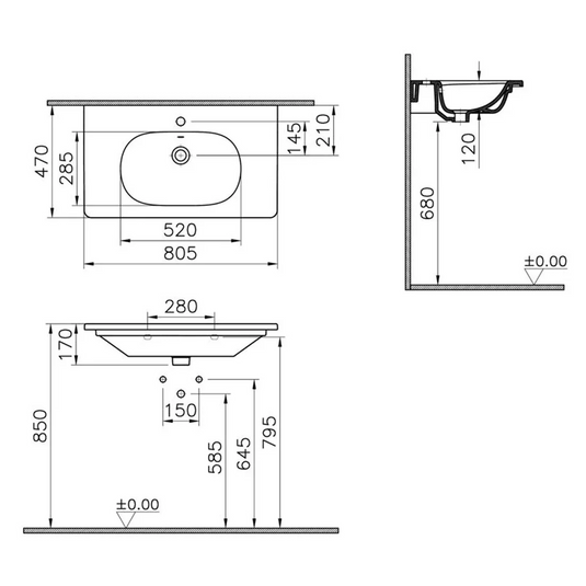 VitrA Zentrum 805x470mm 1TH Vanity Basin w/Overflow - White - 7793B003-0001 - Envy Bathrooms Ltd