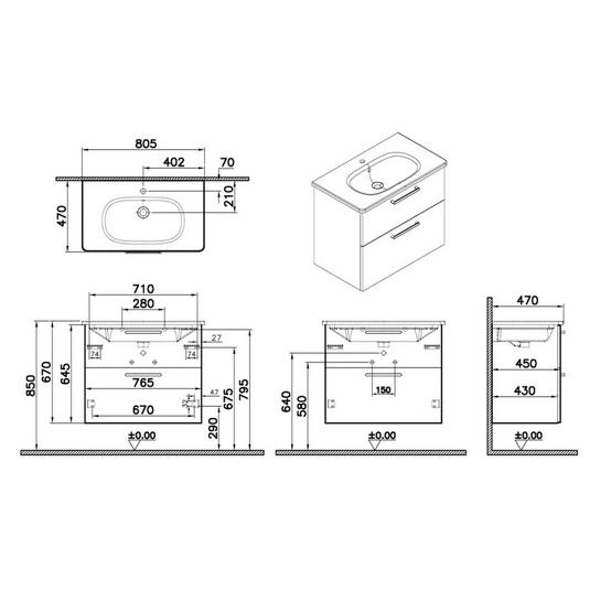 VitrA Zentrum 80cm 2 Drawer W/H Washbasin Unit | High Gloss White | 66307 - Envy Bathrooms Ltd