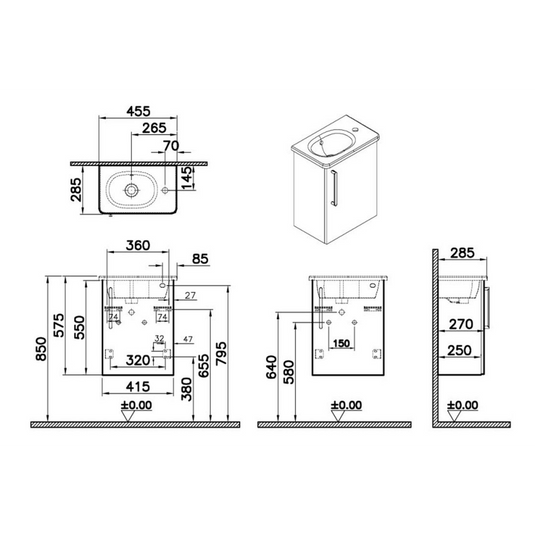 VitrA Zentrum Compact 45cm 1 Door W/H Washbasin Unit (RH Hinge) | Matt Storm Grey | 68071 - Envy Bathrooms Ltd