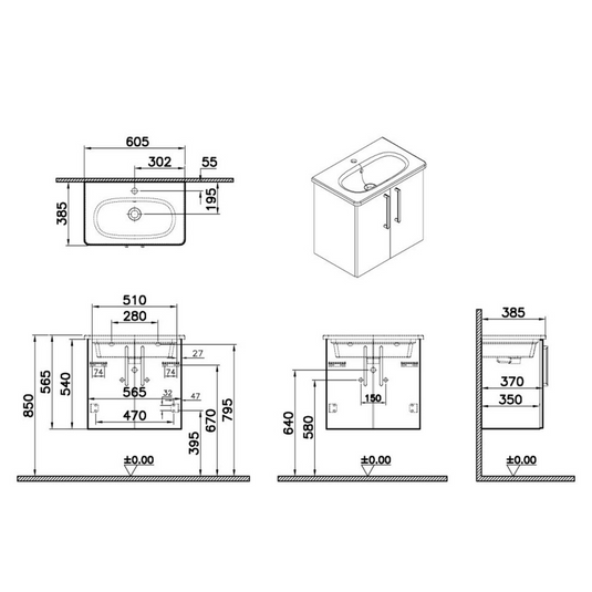 VitrA Zentrum Compact 60cm 2 Door W/H Washbasin Unit | Matt Storm Grey | 68079 - Envy Bathrooms Ltd