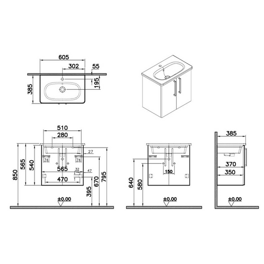 VitrA Zentrum Compact 60cm 2 Door W/H Washbasin Unit | Natural Oak | 66363 - Envy Bathrooms Ltd