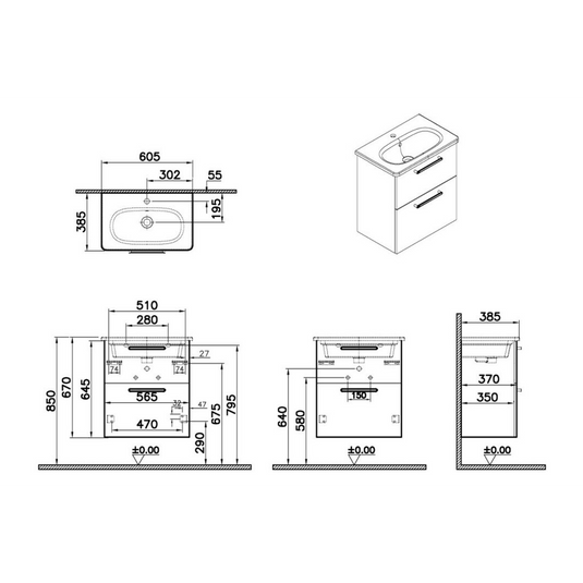 VitrA Zentrum Compact 60cm 2 Drawer W/H Washbasin Unit | High Gloss White | 68100 - Envy Bathrooms Ltd