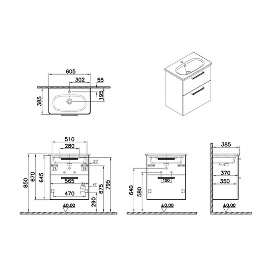 VitrA Zentrum Compact 60cm 2 Drawer W/H Washbasin Unit | Matt Storm Grey | 68105 - Envy Bathrooms Ltd