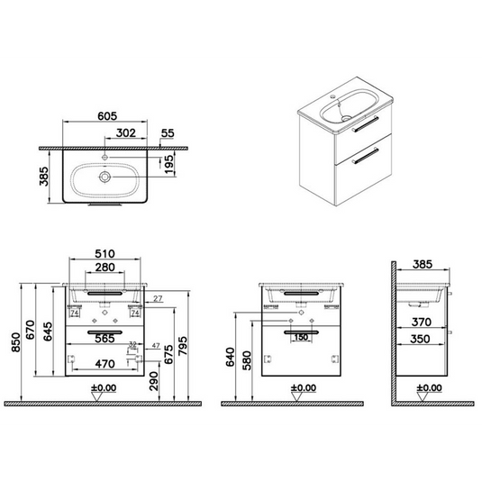 VitrA Zentrum Compact 60cm 2 Drawer W/H Washbasin Unit | Natural Oak | 68107 - Envy Bathrooms Ltd