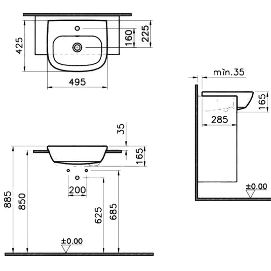Vitra Zentrum Semi-Recessed Basin - 500mm Wide - 1 Tap Hole - Envy Bathrooms Ltd