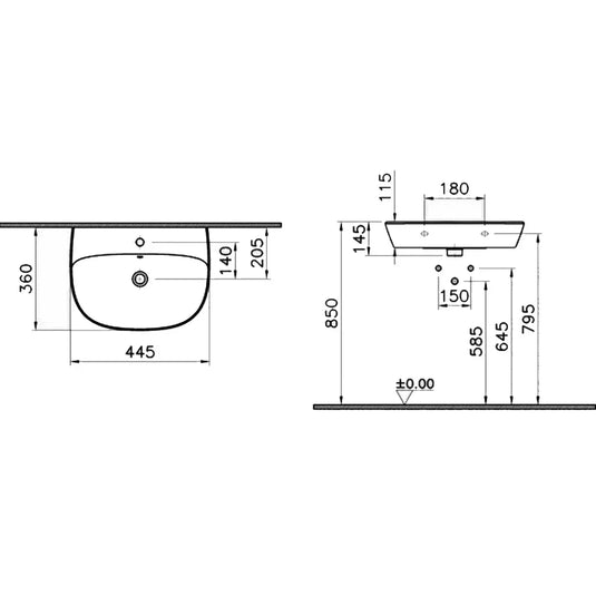 Vitra Zentrum Wall Hung Basin 450mm Wide - 1 Tap Hole - Envy Bathrooms Ltd