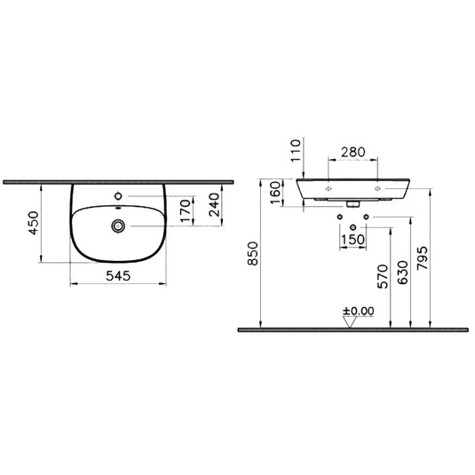 Vitra Zentrum Wall Hung Basin 550mm Wide - 1 Tap Hole - Envy Bathrooms Ltd