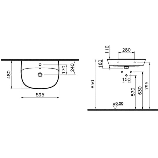 Vitra Zentrum Wall Hung Basin 600mm Wide - 1 Tap Hole - Envy Bathrooms Ltd