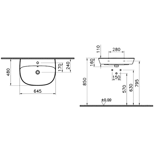 Vitra Zentrum Wall Hung Basin 650mm Wide - 1 Tap Hole - Envy Bathrooms Ltd