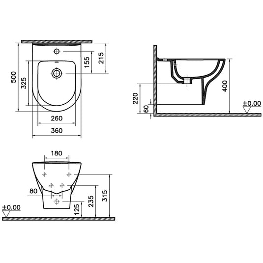 Vitra Zentrum Wall Hung Bidet - 360mm Wide - White - Envy Bathrooms Ltd