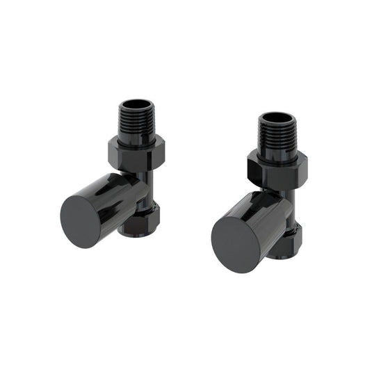 Pair of black angled radiator valves with modern cylindrical design on white background