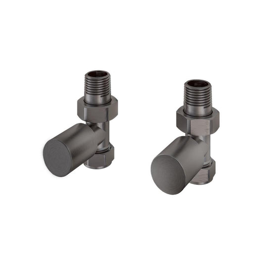 Pair of modern brushed gunmetal angled radiator valves on white background