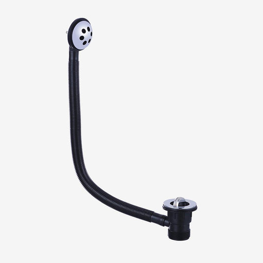 Black flexible bath waste and overflow kit with chrome finish on white background