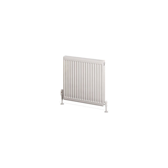 Modern white horizontal panel radiator with valves for bathroom heating