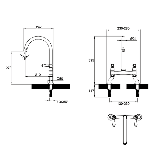 Clearwater Elegance Bridge Twin Lever Twist & Spray Kitchen Sink Mixer Tap - Brushed Brass - ELB10BB