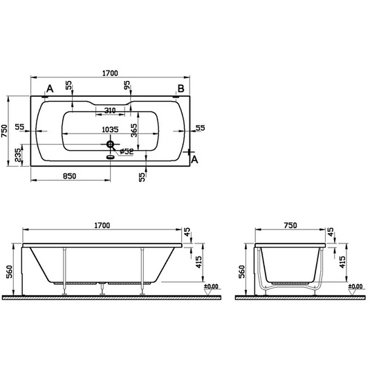 VitrA Optima 0TH 1700x750mm Double Ended Bath - 52430001000 - Envy Bathrooms Ltd