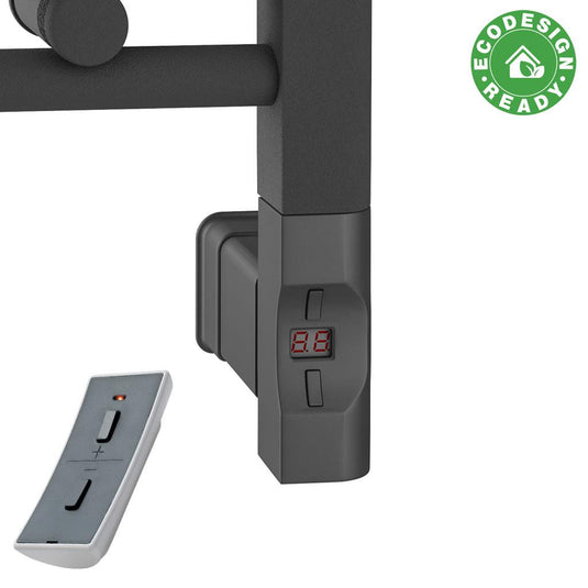 Black electric towel rail control panel with remote and EcoDesign Ready badge