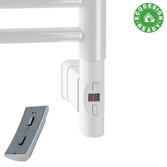 White electric heated towel rail with thermostat, remote control, and eco design badge