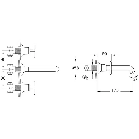 VitrA Origin Classic Wall Mounted 3-Hole Basin Mixer - Brushed Gold - A4289025 - Envy Bathrooms Ltd