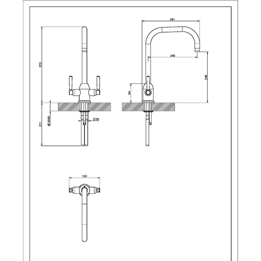 Clearwater Alzira U Twin Lever Monobloc Kitchen Sink Mixer Tap - Brushed Nickel - CAMBS