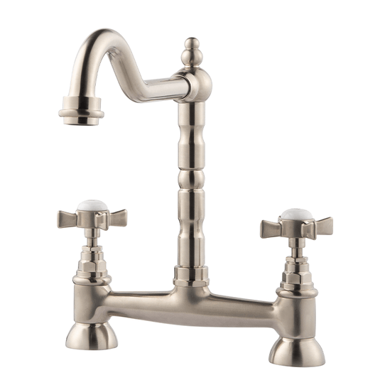 Clearwater Baroc Bridge Twin Lever Kitchen Sink Mixer Tap - Brushed Nickel - BBN