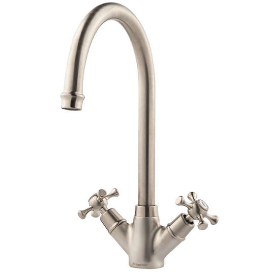 Clearwater Cottage Twin Lever Monobloc Kitchen Sink Mixer Tap - Brushed Nickel - COTN