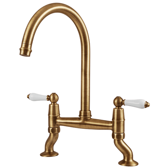 Clearwater Elegance Bridge Twin Lever Twist & Spray Kitchen Sink Mixer Tap - Brushed Brass - ELB10BB