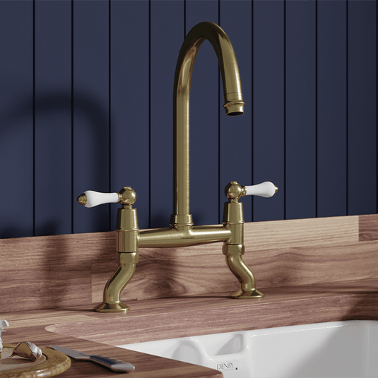 Clearwater Elegance Bridge Twin Lever Twist & Spray Kitchen Sink Mixer Tap - Brushed Brass - ELB10BB