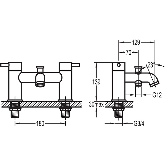 Flova Levo 2-Hole Deck Mounted Bath Shower Mixer Tap – Matt Black - MB-LVBSM