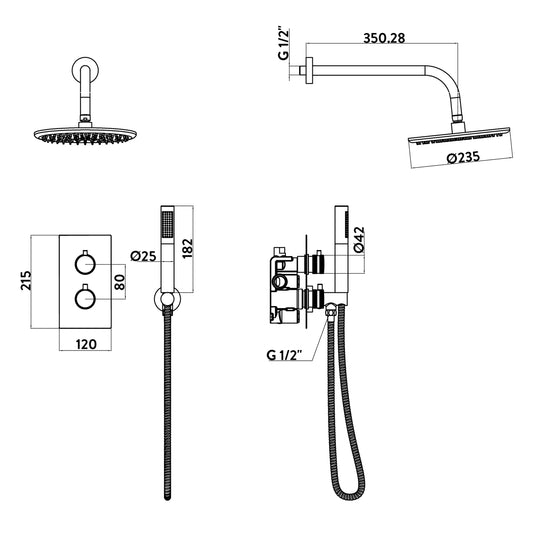 Scudo Core Round Handle Shower arm Drench head Handset & mounting bracket  - Matt Black - NU-029