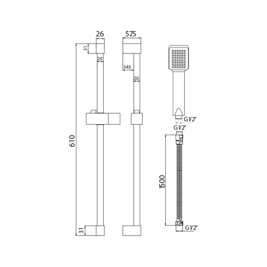 Scudo Square Slide Rail Kit With Paddle Handset - Chrome - RISERKIT001