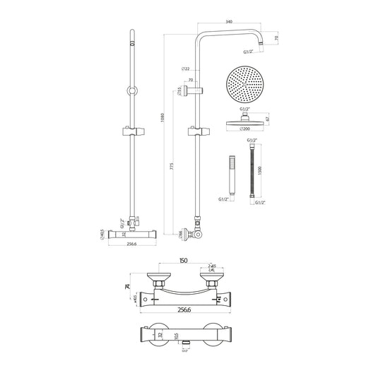 Scudo Round Thermostatic Bar Valve with Riser Rail - Chrome - SHOWER008