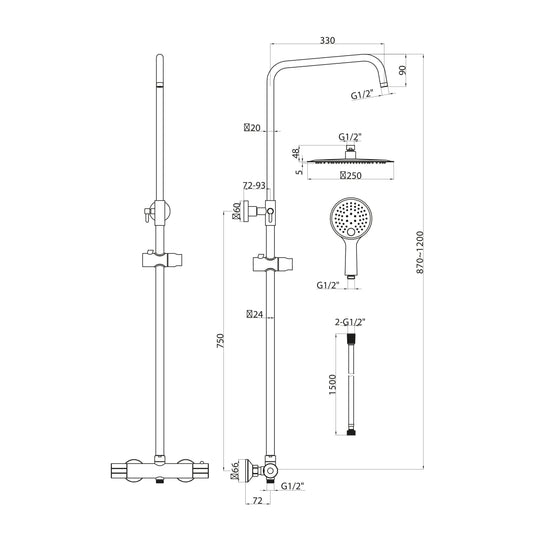 Scudo Messi Cool Touch Round Bar Valve; Adjustable Rigid Riser - Chrome - SHOWER009