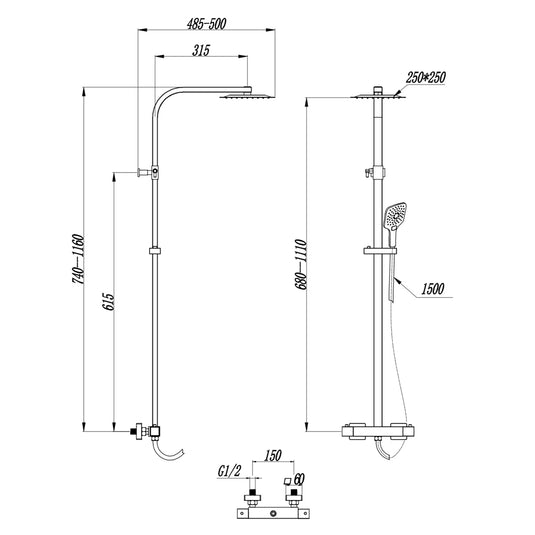 Scudo Helier Square Cool Touch Round Bar Valve; Adjustable Rigid Riser - Chrome - SHOWER010