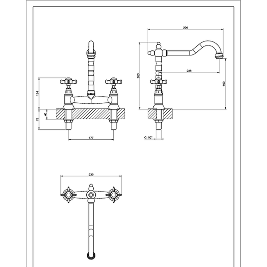 Clearwater Baroc Bridge Twin Lever Kitchen Sink Mixer Tap - Brushed Bronze - BBB