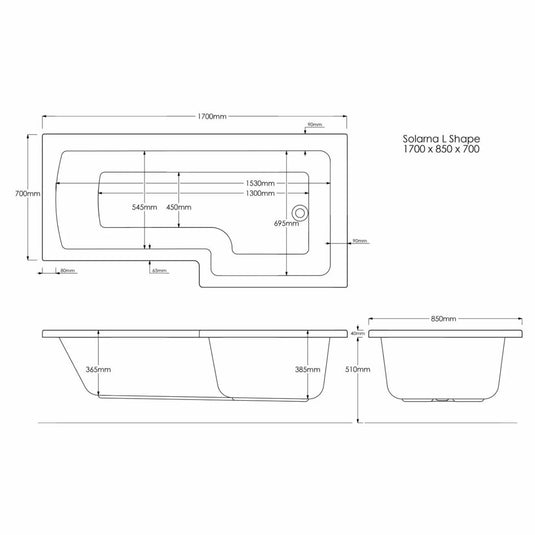 Trojancast Solarna L Shaped Shower Bath 1700x850x700mm LH