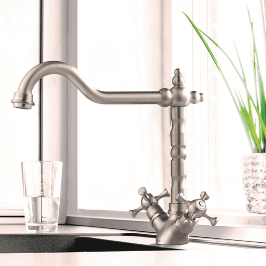 Clearwater Baroc Twin Lever Monobloc Kitchen Sink Mixer Tap - Brushed Nickel - BAN