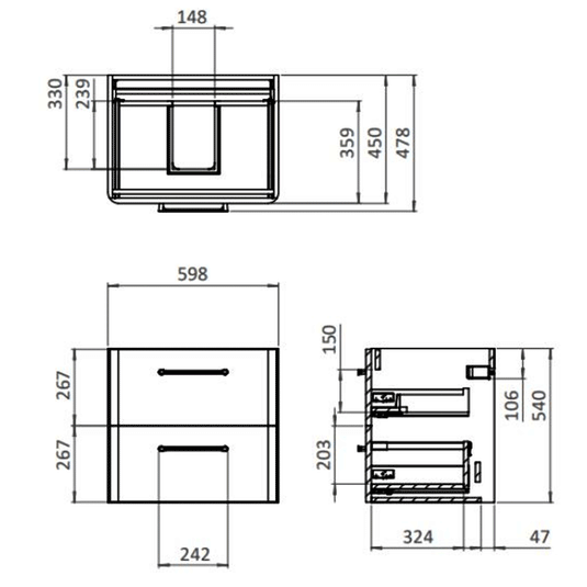 Britton Camberwell Wall Hung 2-Drawer Vanity Unit 600mm Wide - Frost White - Envy Bathrooms Ltd