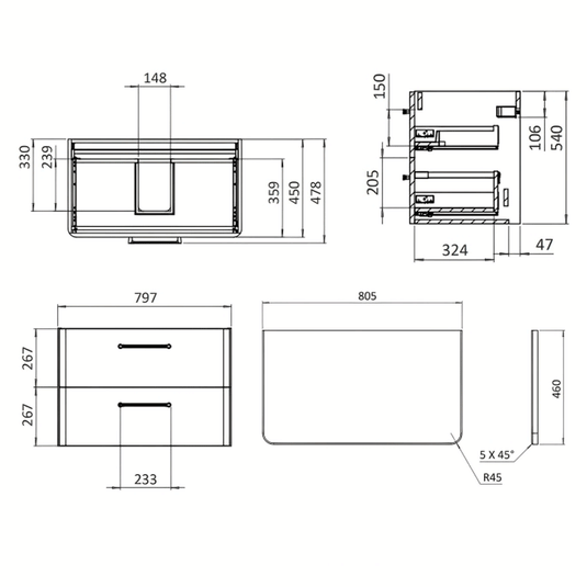 Britton Camberwell Wall Hung 2-Drawer Vanity Unit 800mm Wide - Dusty Blue - Envy Bathrooms Ltd