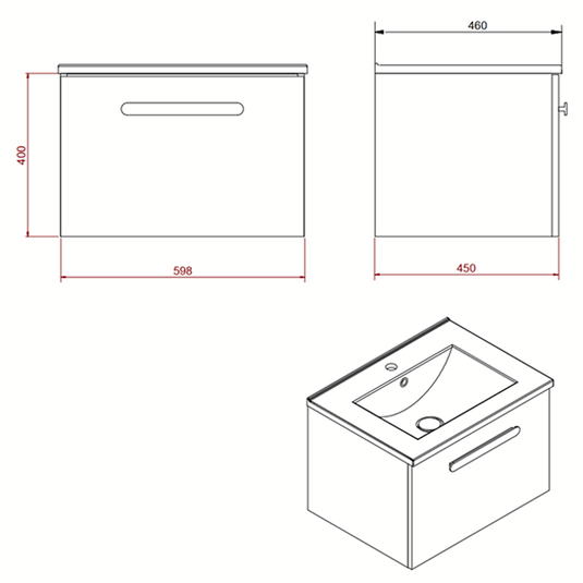 Britton Wall Hung 1-Drawer Vanity Unit 598mm Wide - Grey - Envy Bathrooms Ltd