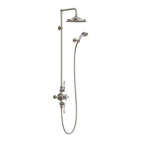 Burlington Avon Thermostatic Exposed Dual Outlet Shower Valve 9" Fixed Head & Handset Brushed Nickel | BAF3S-BNKL-17 - Envy Bathrooms Ltd