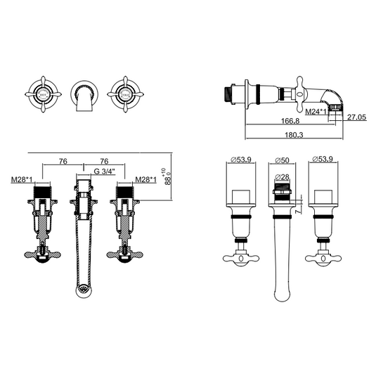 Burlington Guild 3TH Wall Mounted Bath Tap Gold | GU330WNG - Envy Bathrooms Ltd