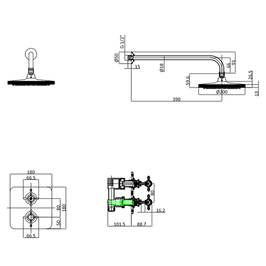 Burlington Guild Square Thermostatic Concealed Shower Valve with Fixed Arm & Head Chrome | GUSHOWERPACKSQ2C - Envy Bathrooms Ltd