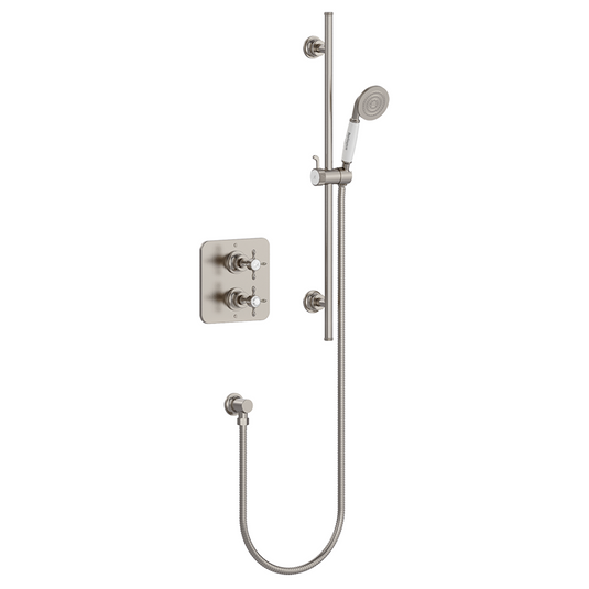 Burlington Guild Square Thermostatic Single Outlet Concealed Shower Valve with Rail Hose Handset & Outlet Elbow Brushed Nickel | GUSHOWERPACKSQ1L - Envy Bathrooms Ltd