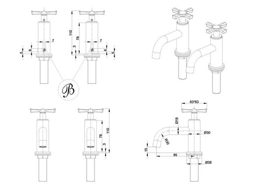 Burlington Riviera Art Deco Basin Pillar Taps Chrome | RIV7-CHR - Envy Bathrooms Ltd