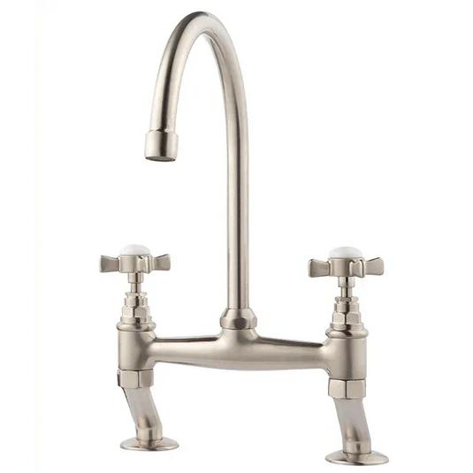 Clearwater Cottage Bridge Twin Lever Kitchen Sink Mixer Tap - Brushed Nickel - COTBN - Envy Bathrooms Ltd